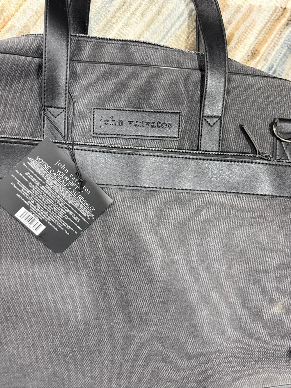 John Varvatos Black Canvas Laptop Briefcase with Black Leather Trim